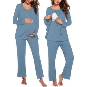 Ekouaer Maternity Nursing Pajama Set Long Sleeve Top & Pants with Pockets Breastfeeding Sleepwear Double Layer Pregnancy(Salvia Blue)