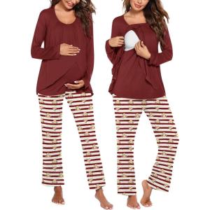 Ekouaer Maternity Nursing Pajama Set Long Sleeve Top & Pants with Pockets Breastfeeding Sleepwear Double Layer Pregnancy(Wine Beer Stripe)
