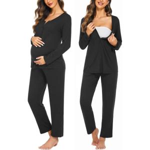 Ekouaer Maternity Nursing Pajama Sets Labor Delivery Pjs Long Sleeve Breastfeeding Pajamas Pregnancy Sleepwear Set(Black)