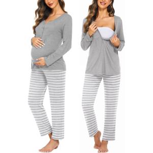 Ekouaer Maternity Nursing Pajama Sets Labor Delivery Pjs Long Sleeve Breastfeeding Pajamas Pregnancy Sleepwear Set(Light Grey Stripe)