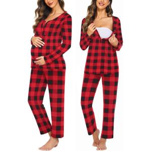 Ekouaer Maternity Nursing Pajama Sets Labor Delivery Pjs Long Sleeve Breastfeeding Pajamas Pregnancy Sleepwear Set(Red & Black Plaid)