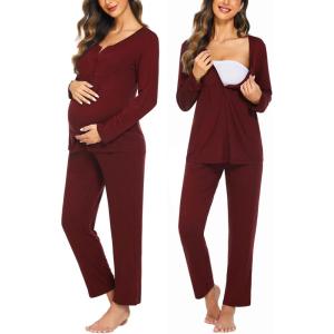 Ekouaer Maternity Nursing Pajama Sets Labor Delivery Pjs Long Sleeve Breastfeeding Pajamas Pregnancy Sleepwear Set(Wine Red)