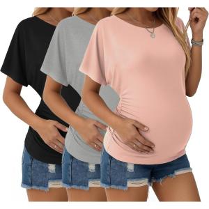 Ekouaer Maternity Shirts 3 Packs Dolman Sleeve Side Ruched Tops Tunic Casual Pregnancy Clothes(Black/Misty Rose/Light Grey)