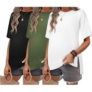 Ekouaer Maternity Shirts 3 Packs Short Sleeve Womens Oversized Pregnancy Tops Split Side Postpartum Blouse Clothes S-XXL(Black/Army Green/White)