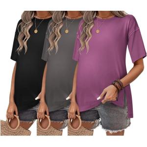 Ekouaer Maternity Shirts 3 Packs Short Sleeve Womens Oversized Pregnancy Tops Split Side Postpartum Blouse Clothes S-XXL(Black/Gray/Gray Purple)