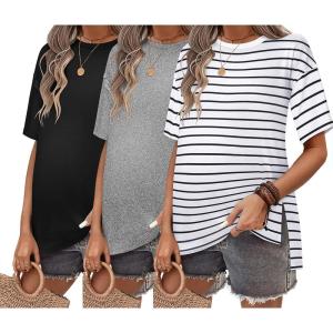 Ekouaer Maternity Shirts 3 Packs Short Sleeve Womens Oversized Pregnancy Tops Split Side Postpartum Blouse Clothes S-XXL(Black/Light Gray/White Stripe)