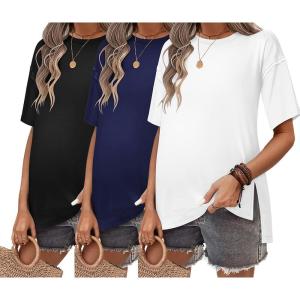 Ekouaer Maternity Shirts 3 Packs Short Sleeve Womens Oversized Pregnancy Tops Split Side Postpartum Blouse Clothes S-XXL(Black/Navy Blue/White)