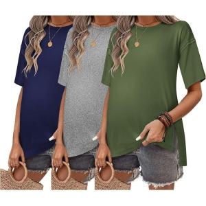 Ekouaer Maternity Shirts 3 Packs Short Sleeve Womens Oversized Pregnancy Tops Split Side Postpartum Blouse Clothes S-XXL(Navy Blue/Light Gray/Army Green)