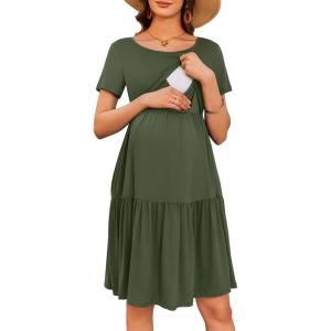 Ekouaer Nursing Dress Summer Short Sleeve Breastfeeding Casual Knee Length Maternity Dresses S-XXL(Army Green)