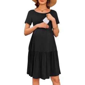 Ekouaer Nursing Dress Summer Short Sleeve Breastfeeding Casual Knee Length Maternity Dresses S-XXL(Black)