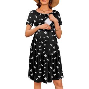 Ekouaer Nursing Dress Summer Short Sleeve Breastfeeding Casual Knee Length Maternity Dresses S-XXL(Black White Floral)