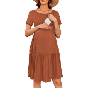 Ekouaer Nursing Dress Summer Short Sleeve Breastfeeding Casual Knee Length Maternity Dresses S-XXL(Caramel)