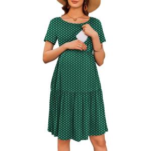 Ekouaer Nursing Dress Summer Short Sleeve Breastfeeding Casual Knee Length Maternity Dresses S-XXL(Green White Dot)