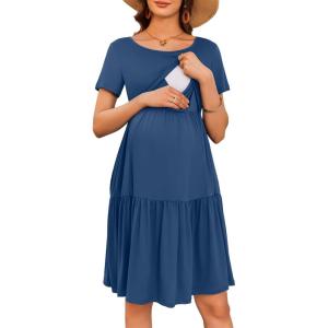 Ekouaer Nursing Dress Summer Short Sleeve Breastfeeding Casual Knee Length Maternity Dresses S-XXL(Grey Blue)