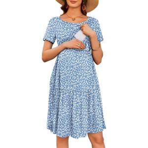 Ekouaer Nursing Dress Summer Short Sleeve Breastfeeding Casual Knee Length Maternity Dresses S-XXL(Light Blue Floral)
