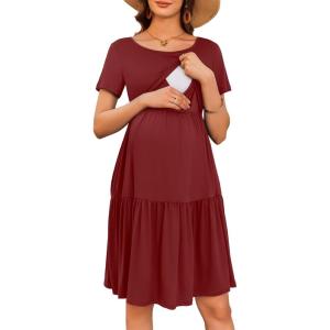 Ekouaer Nursing Dress Summer Short Sleeve Breastfeeding Casual Knee Length Maternity Dresses S-XXL(Wine Red)