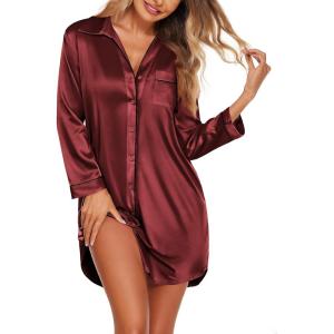 Ekouaer Satin Nightgowns for Women Button Down Sleep Shirt Silk Night Shirt Long Sleeve Boyfriend Sleepwear S-3XL(Wine Red)