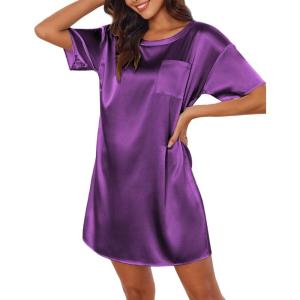Ekouaer Silk Sleep Shirts for Women Satin Nightshirt Tshirt Nightgown Sleepwear Shirt Dress With Chest Pocket S-2XL(Bright Purple)
