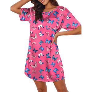 Ekouaer Silk Sleep Shirts for Women Satin Nightshirt Tshirt Nightgown Sleepwear Shirt Dress With Chest Pocket S-2XL(Butterfly Rose)