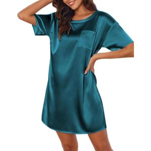 Ekouaer Silk Sleep Shirts for Women Satin Nightshirt Tshirt Nightgown Sleepwear Shirt Dress With Chest Pocket S-2XL(Dark Blue)