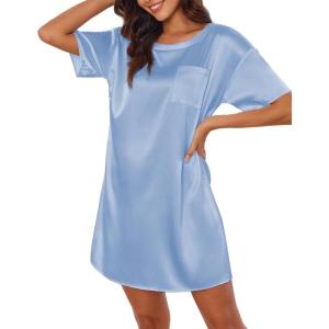 Ekouaer Silk Sleep Shirts for Women Satin Nightshirt Tshirt Nightgown Sleepwear Shirt Dress With Chest Pocket S-2XL(Light Blue)
