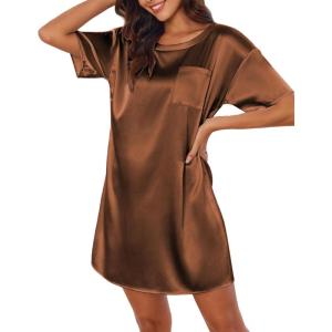 Ekouaer Silk Sleep Shirts for Women Satin Nightshirt Tshirt Nightgown Sleepwear Shirt Dress With Chest Pocket S-2XL(Light Brown)