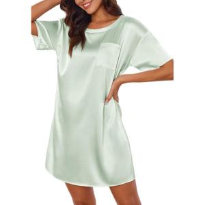 Ekouaer Silk Sleep Shirts for Women Satin Nightshirt Tshirt Nightgown Sleepwear Shirt Dress With Chest Pocket S-2XL(Light Green)