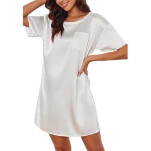 Ekouaer Silk Sleep Shirts for Women Satin Nightshirt Tshirt Nightgown Sleepwear Shirt Dress With Chest Pocket S-2XL(White)
