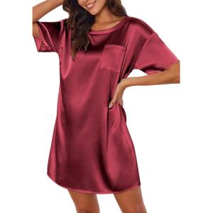 Ekouaer Silk Sleep Shirts for Women Satin Nightshirt Tshirt Nightgown Sleepwear Shirt Dress With Chest Pocket S-2XL(Wine Red)