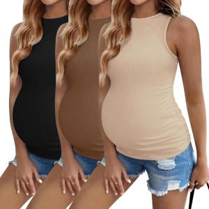 Ekouaer Women Maternity Tank Tops 3 Packs Crew Neck Ribbed Pregnancy Shirts Mama Clothes(3pcs Black/ Brown/ Beige)