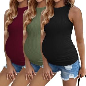 Ekouaer Women Maternity Tank Tops 3 Packs Crew Neck Ribbed Pregnancy Shirts Mama Clothes(3pcs Black/ Burgundy Red/ Army Green)