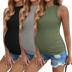 Ekouaer Women Maternity Tank Tops 3 Packs Crew Neck Ribbed Pregnancy Shirts Mama Clothes(3pcs Black/ Grey/ Army Green)