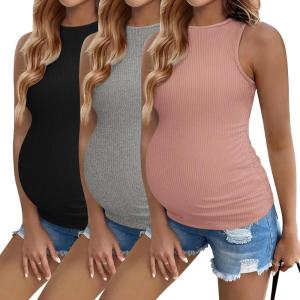 Ekouaer Women Maternity Tank Tops 3 Packs Crew Neck Ribbed Pregnancy Shirts Mama Clothes(3pcs Black/ Grey/ Dirty Pink)
