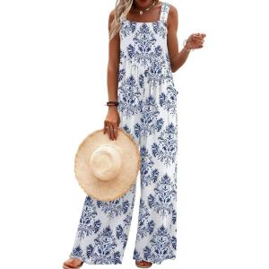 Ekouaer Women’s Casual Overalls Loose Wide Leg Jumpsuits Summer Boho Floral Printed Baggy Rompers with Pockets(White Italian Print)
