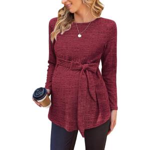 Ekouaer Women’s Maternity Shirts Long Sleeve Pregnancy Tops Casual Ribbed Knit Winter Pregnant Blouses(A Wine Red)