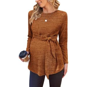 Ekouaer Women’s Maternity Shirts Long Sleeve Pregnancy Tops Casual Ribbed Knit Winter Pregnant Blouses(B Brick Red)