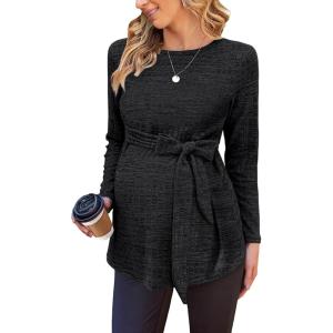 Ekouaer Women’s Maternity Shirts Long Sleeve Pregnancy Tops Casual Ribbed Knit Winter Pregnant Blouses(Black)