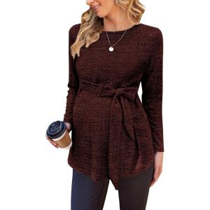 Ekouaer Women’s Maternity Shirts Long Sleeve Pregnancy Tops Casual Ribbed Knit Winter Pregnant Blouses(Caramel Dark Brown)