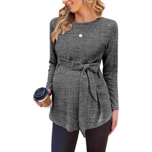 Ekouaer Women’s Maternity Shirts Long Sleeve Pregnancy Tops Casual Ribbed Knit Winter Pregnant Blouses(Medium Grey)