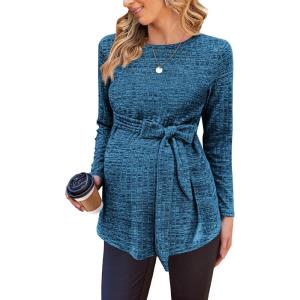 Ekouaer Women’s Maternity Shirts Long Sleeve Pregnancy Tops Casual Ribbed Knit Winter Pregnant Blouses(Peacock Blue)