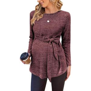 Ekouaer Women’s Maternity Shirts Long Sleeve Pregnancy Tops Casual Ribbed Knit Winter Pregnant Blouses(Pink Purple)