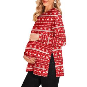 Ekouaer Women’s Maternity Shirts Long Sleeve Split Side Pregnancy Tee Top Tunic Blouse Casual Mama Clothes(Christmas)