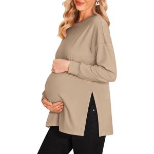 Ekouaer Women’s Maternity Shirts Long Sleeve Split Side Pregnancy Tee Top Tunic Blouse Casual Mama Clothes(Khaki 1)