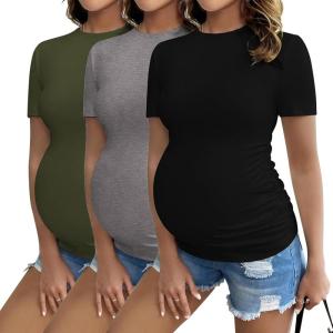 Ekouaer Womens Maternity Shirts Short Sleeve 3 Packs Crew Neck Pregnancy Tee Tops Tunic Blouse Soft Mama Clothes S-XXL(3pcs Black / Army Green / Grey)