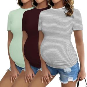 Ekouaer Womens Maternity Shirts Short Sleeve 3 Packs Crew Neck Pregnancy Tee Tops Tunic Blouse Soft Mama Clothes S-XXL(3pcs Burgundy Red / Light Green / Grey Stripe)