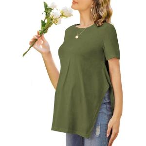Ekouaer Women’s Maternity Shirts Short Sleeve Pregnancy Tops Blouses Split Side Casual Crewneck Pregnant Tunic Tee(Army Green)