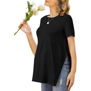 Ekouaer Women’s Maternity Shirts Short Sleeve Pregnancy Tops Blouses Split Side Casual Crewneck Pregnant Tunic Tee(Black)