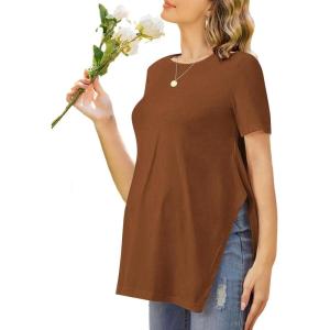 Ekouaer Women’s Maternity Shirts Short Sleeve Pregnancy Tops Blouses Split Side Casual Crewneck Pregnant Tunic Tee(Brown)