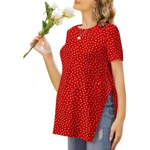 Ekouaer Women’s Maternity Shirts Short Sleeve Pregnancy Tops Blouses Split Side Casual Crewneck Pregnant Tunic Tee(Cute Polka Dots)