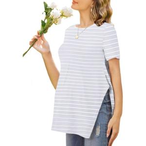 Ekouaer Women’s Maternity Shirts Short Sleeve Pregnancy Tops Blouses Split Side Casual Crewneck Pregnant Tunic Tee(Grey Striped)